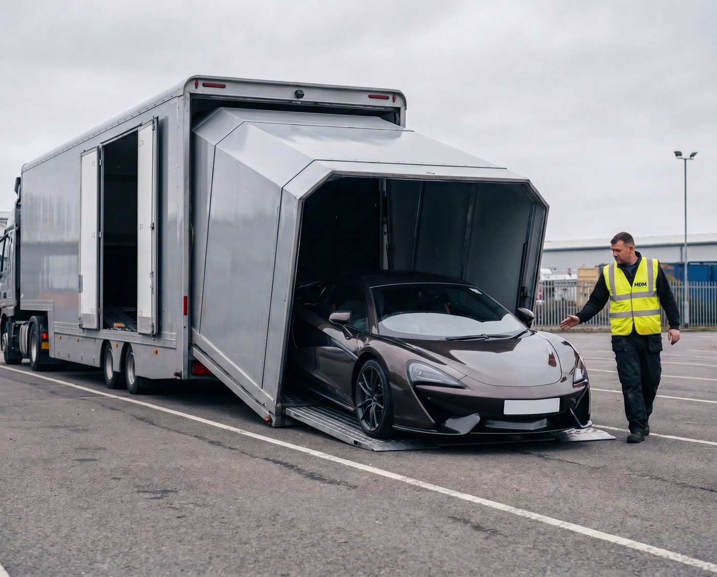 Enclosed transport · covered vehicle being loaded
